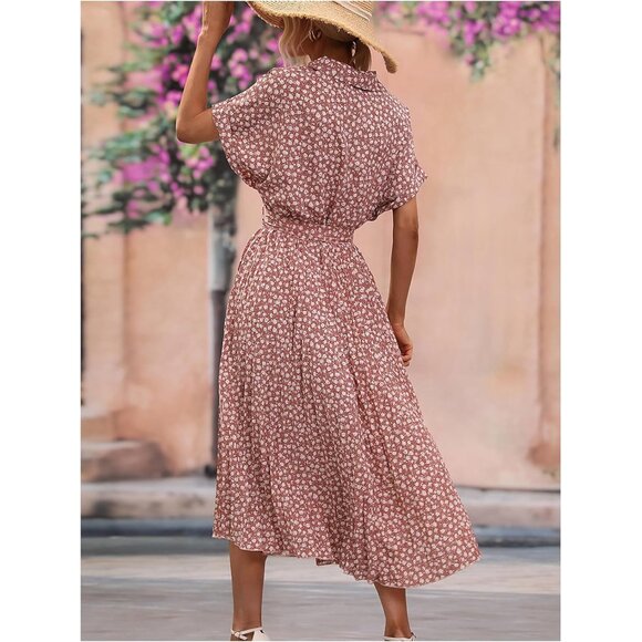 Women's Floral Print Long Dress Polyester Summer Casual A-line Short Sleeve - Picture 2 of 6